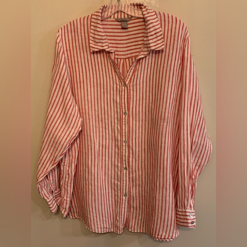H&M 100% Linen Red and White Striped Shirt